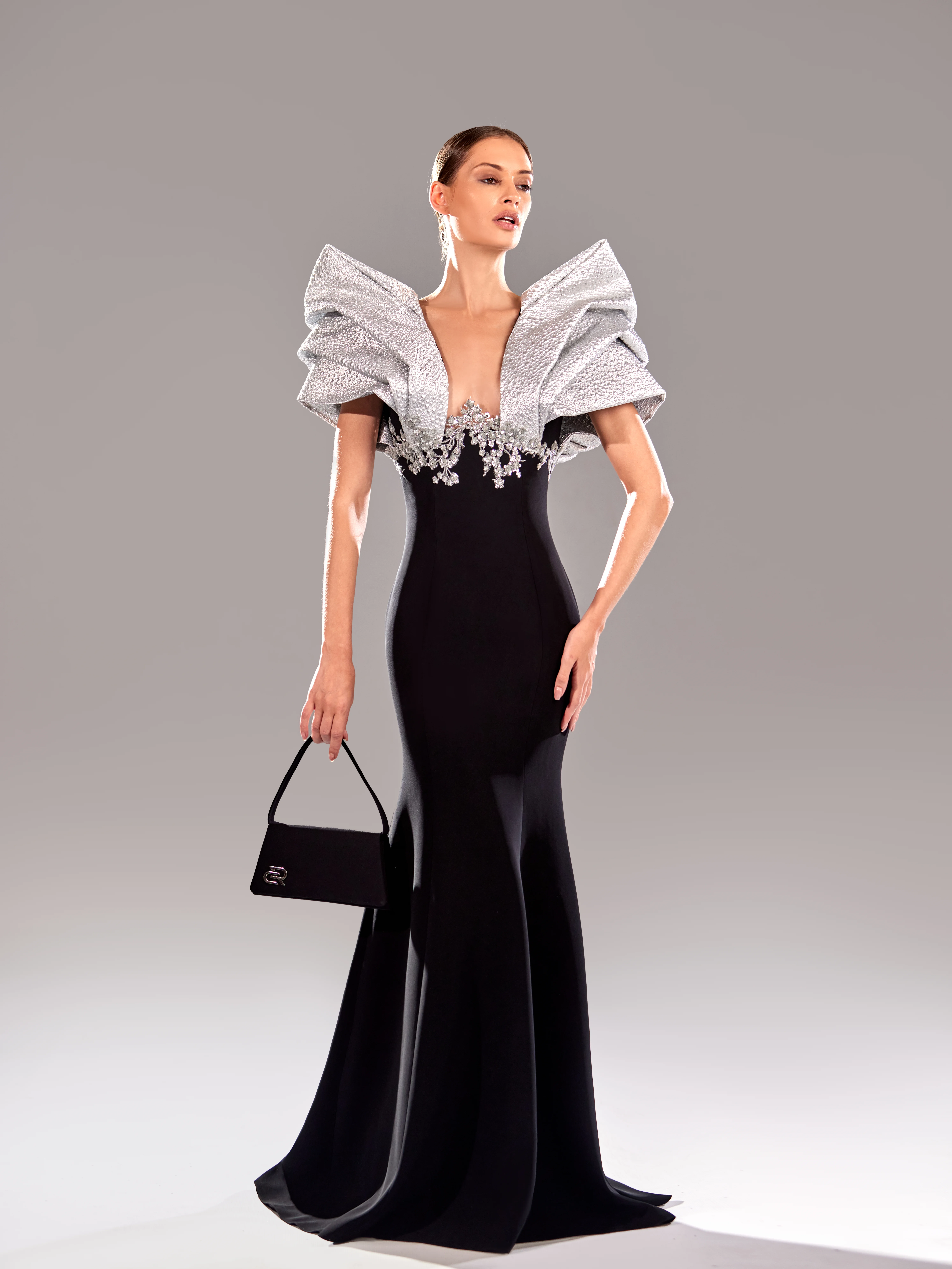 SS 110 - Black Crepe With Silver Jacouard Shoulder And Silver BeadsBlack US 01