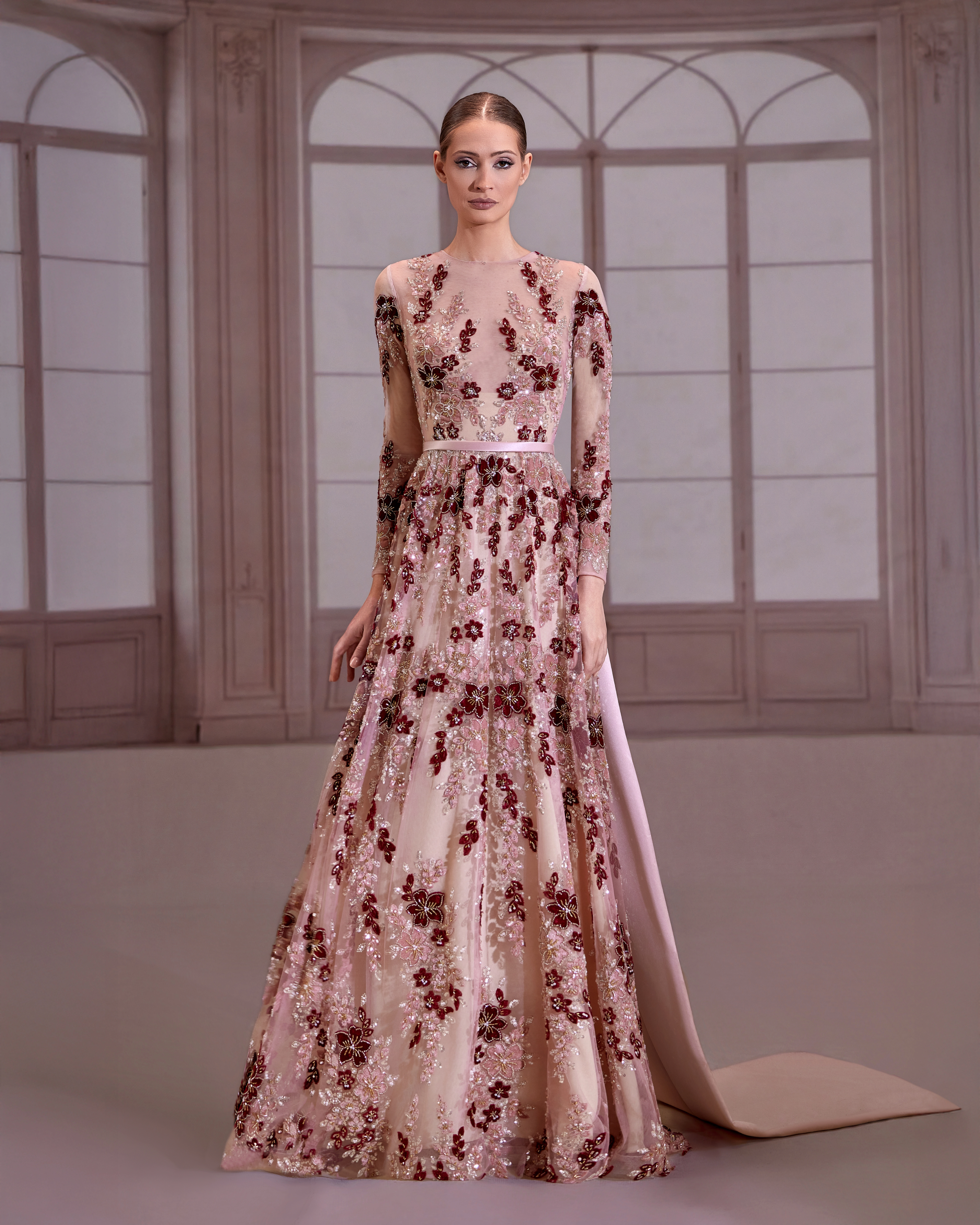 SS269- Pink sheer long-sleeve dress adorned in floral beadwork Pink strapless shiffon US 01