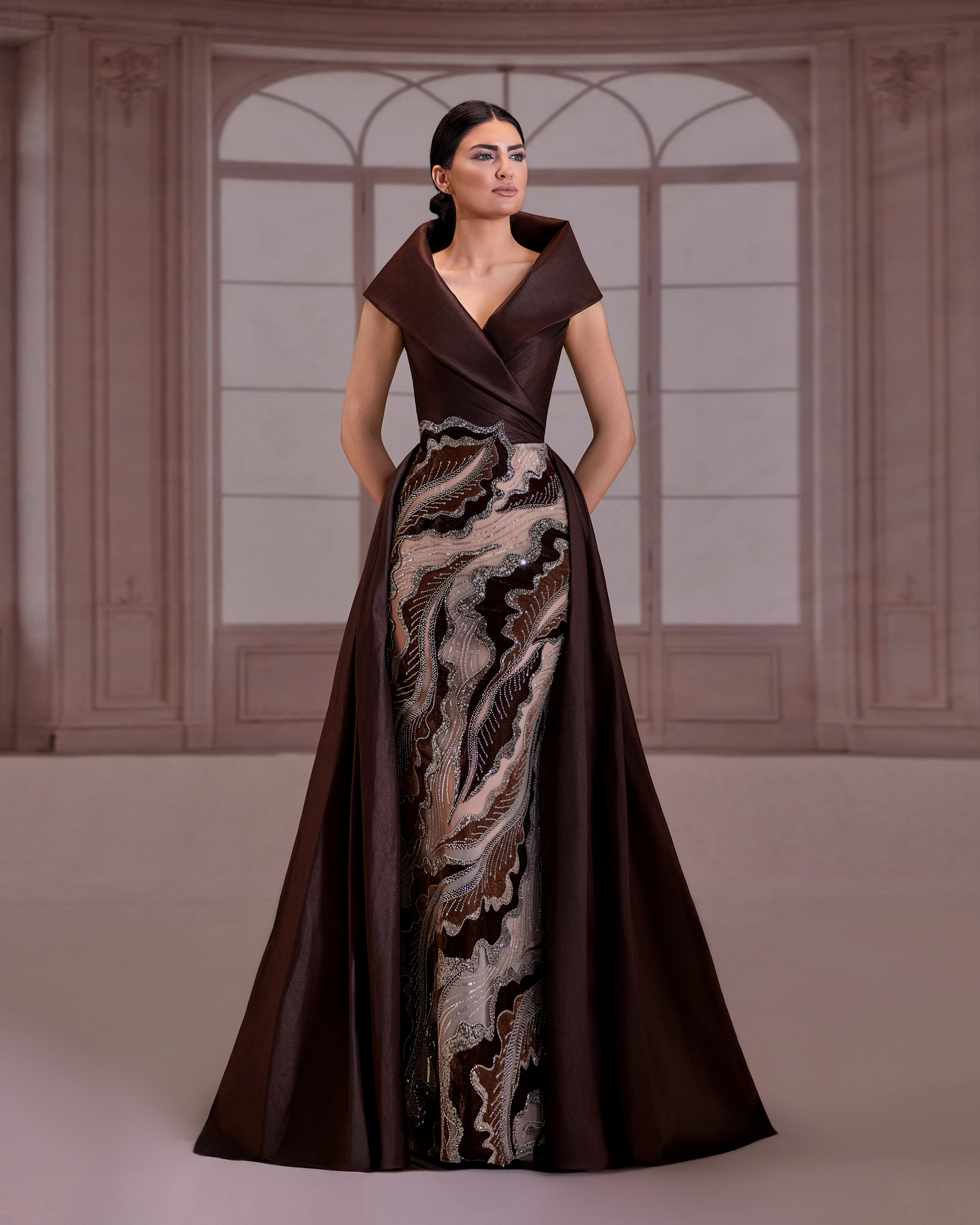 SS272- Brown dress with a structured taffeta collarBrown US 01