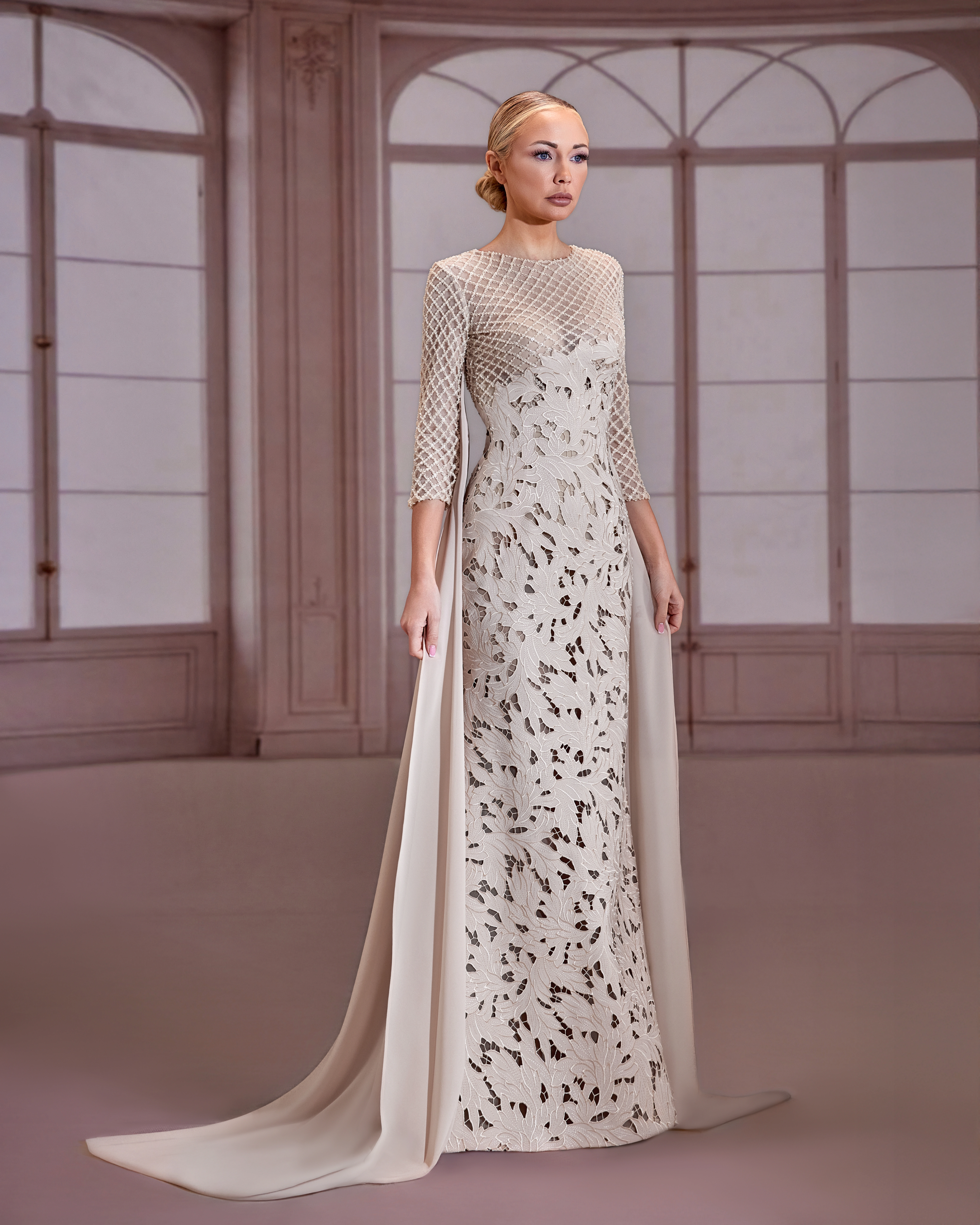 SS277- Champagne-beige dress with elbow-length lattice mesh sleeves Beige US 01