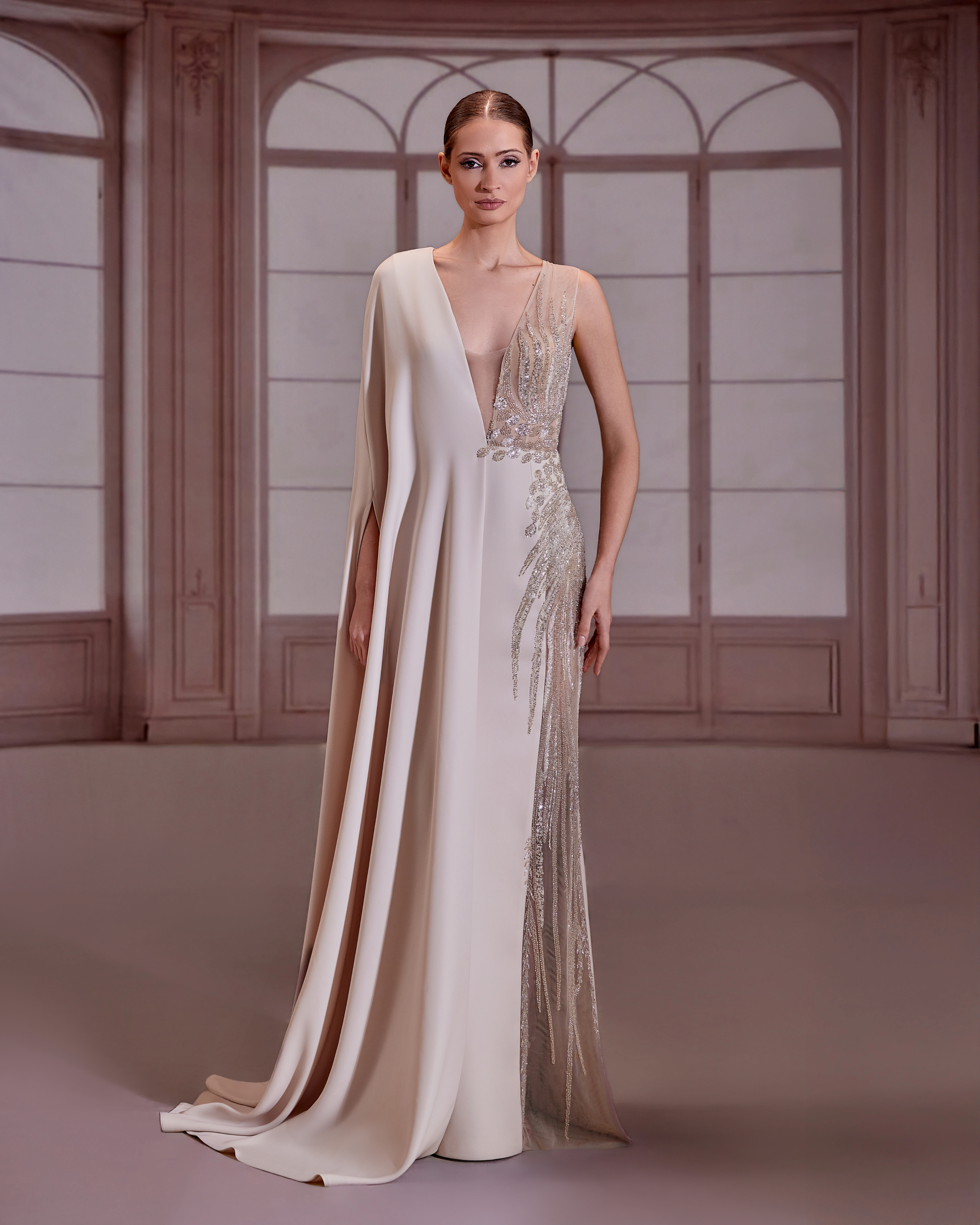 SS278- Champagne-beige column dress with a floor-sweeping cape sleeve Beige US 01