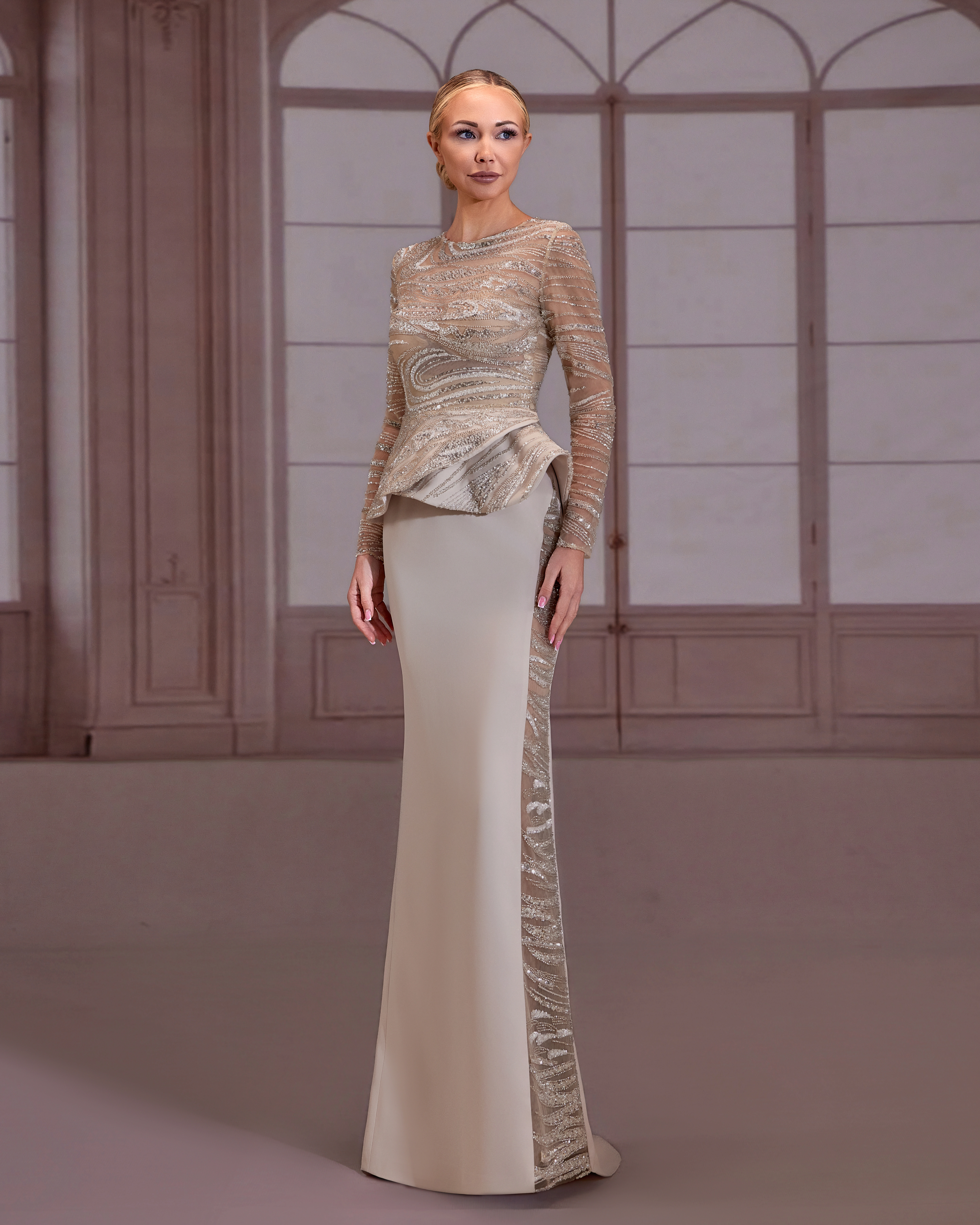 SS279- champagne-beige dress with long-sleeved bodice embellished Beige US 01