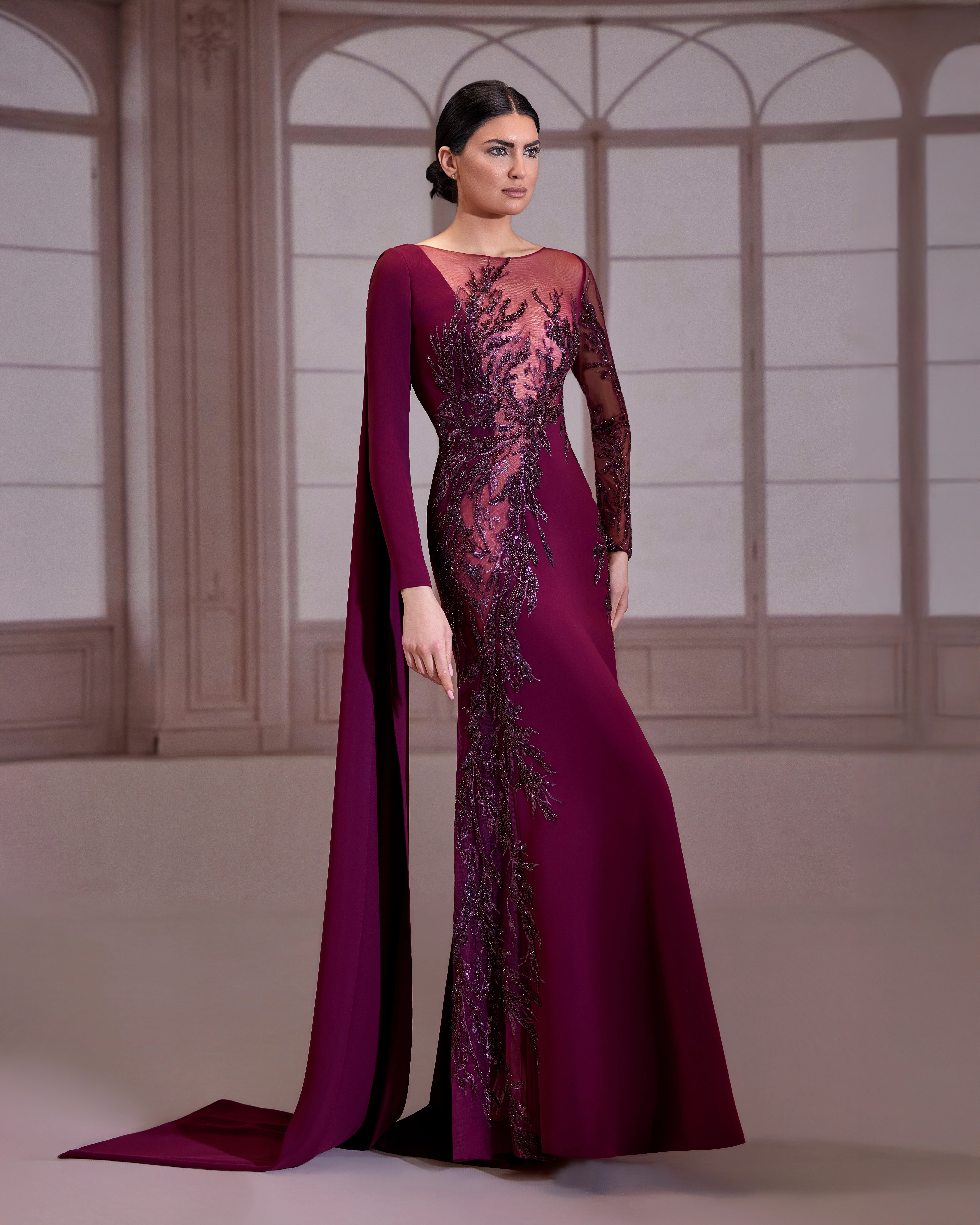 SS283- Plum crepe dress with diagonal bead work,Pulm US 01