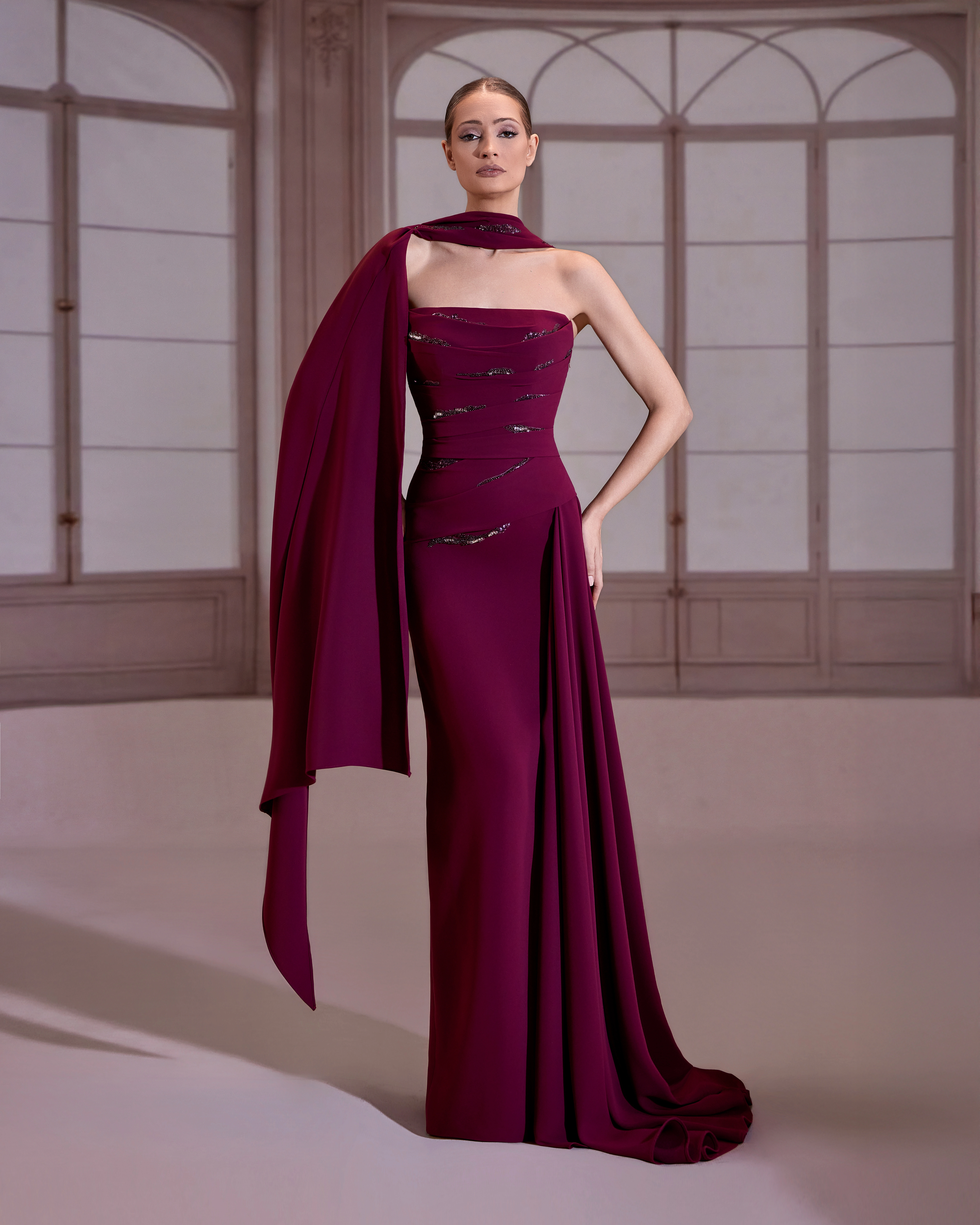 SS284- Plum starpless crepe dress with pleated top adorned with deaded appliquePulm US 01