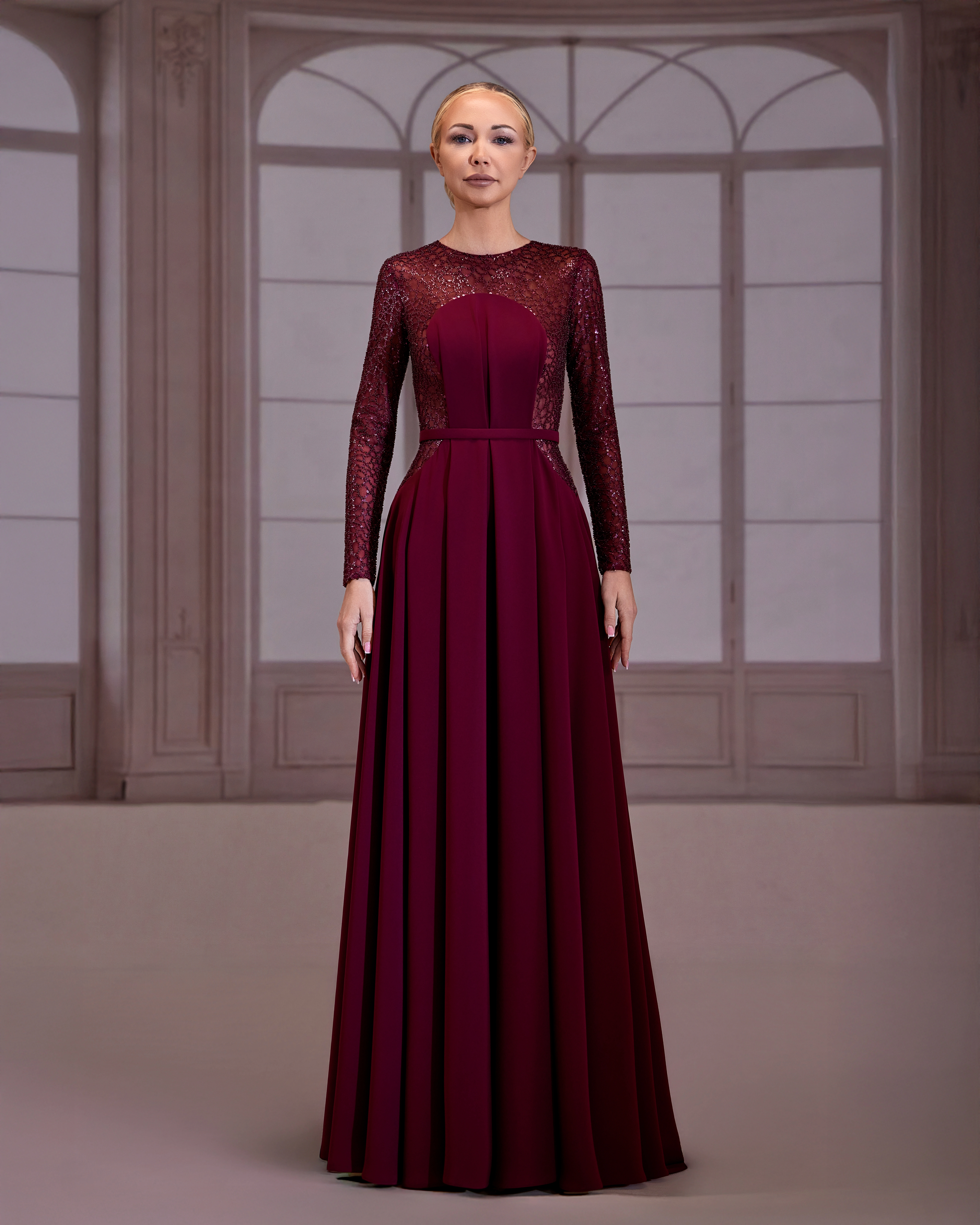 SS285- Plum dress with a fully beaded long-sleeve bodice,softPulm US 01