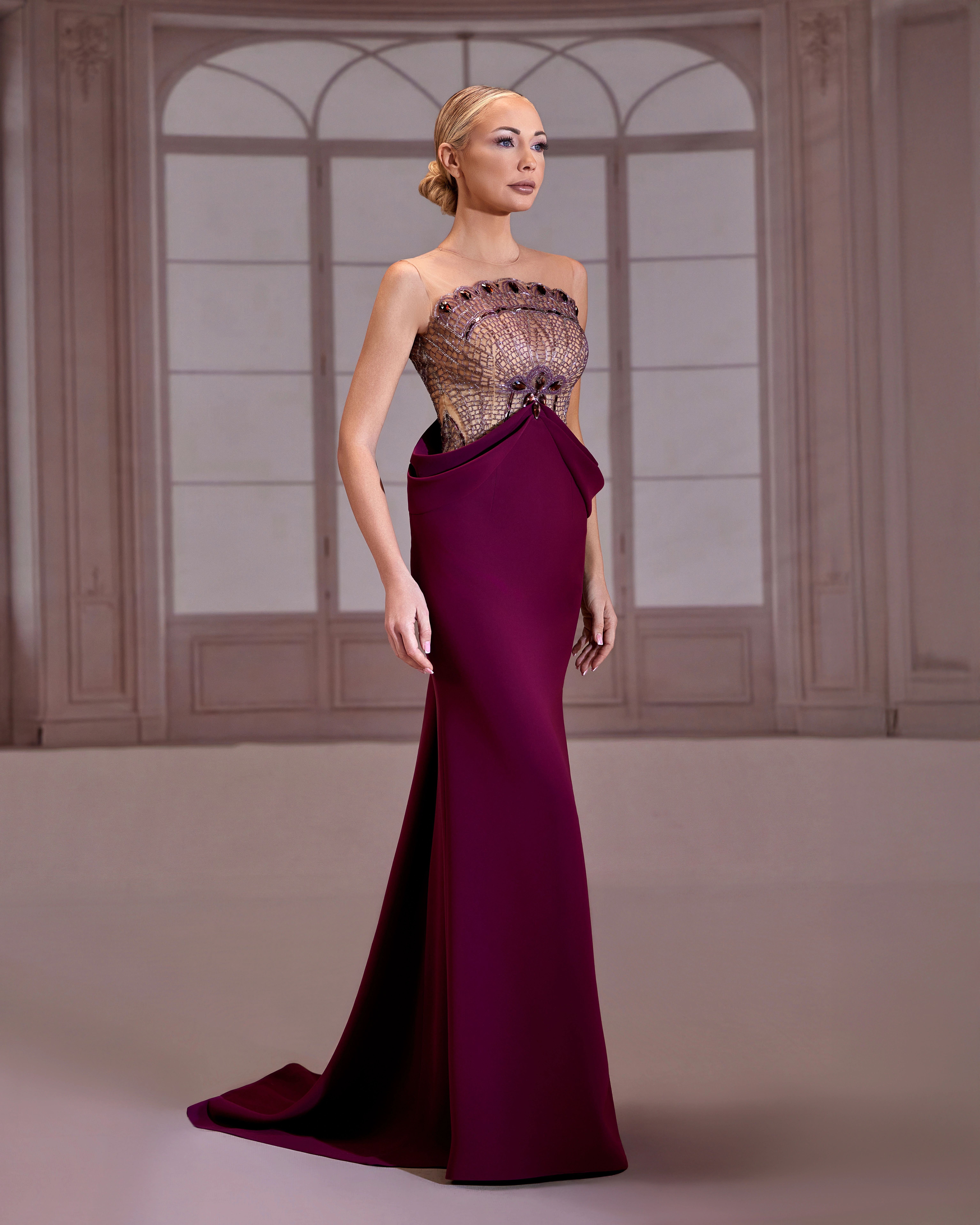 SS286- Plum dress with a sheer beaded bodice and structured peplumPulm US 01