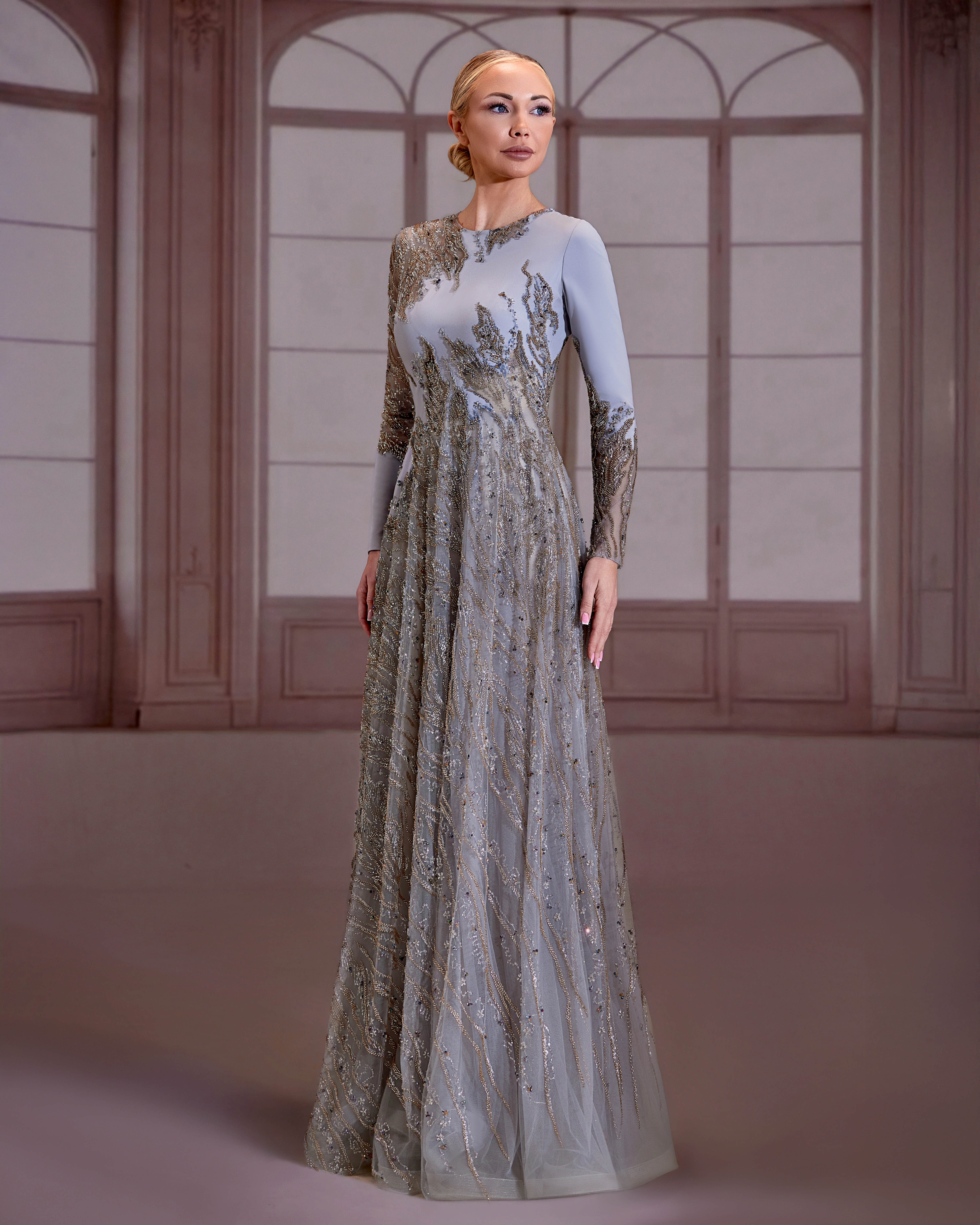 SS291- Silver dress with long sleeves and a full A-line shimmering skirt adornedSilver US 01