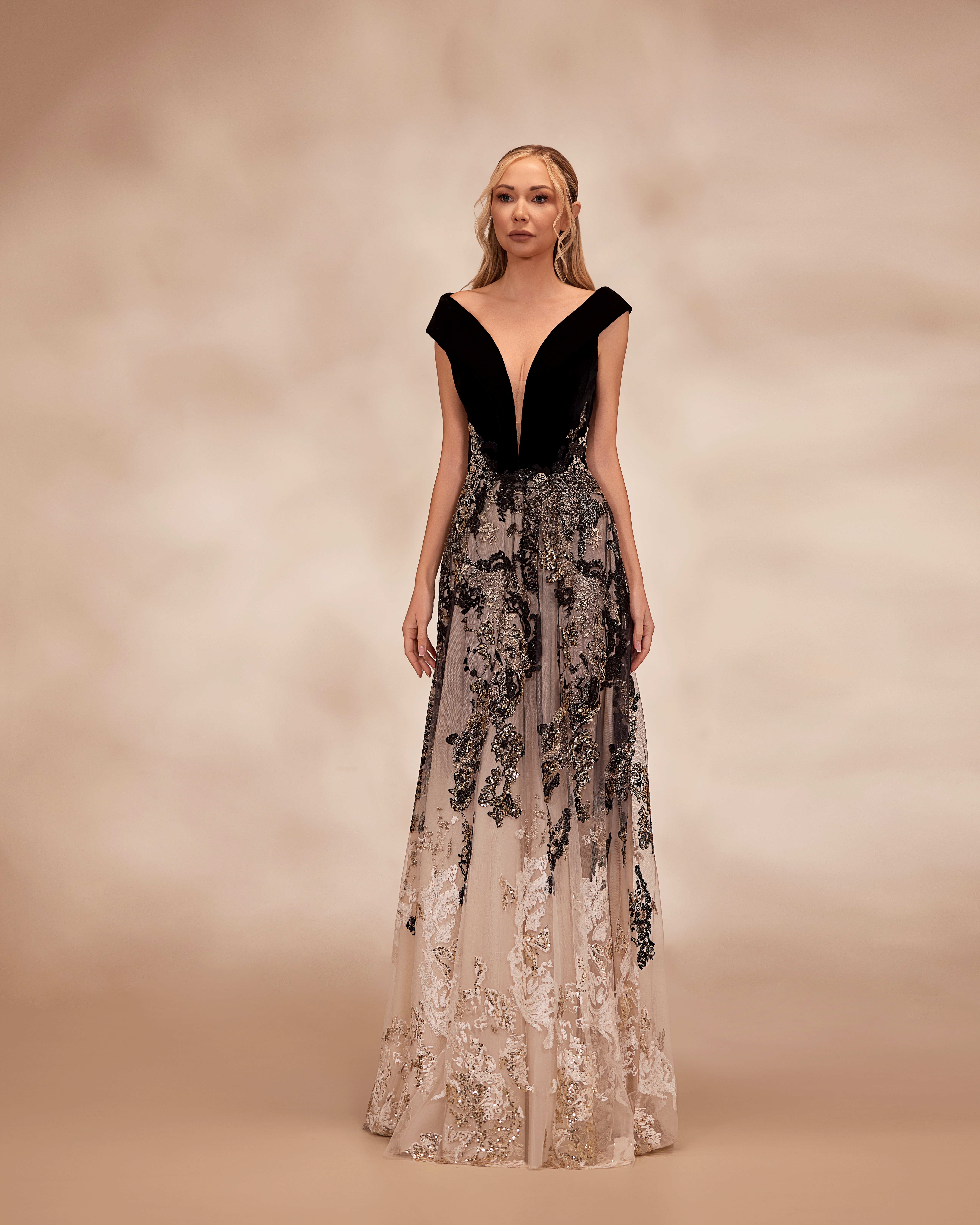 SS8-Black and white dress featuring a velvet bodice with plunging V-neck and wide off-the-shoulder strapsBlack and White US 01