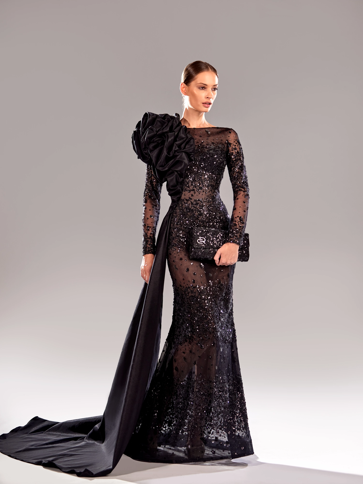 SS 104- Tull Embroidery With Beads With Buff Tafta FlowerBlack US 01